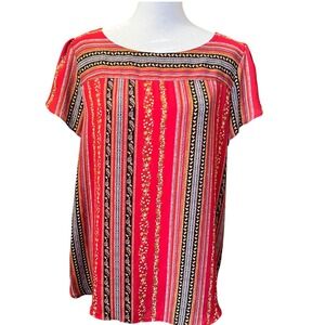 NWOT LOFT Red Bohemian Floral Print Short Sleeve Blouse Size M High‎ Low Chic